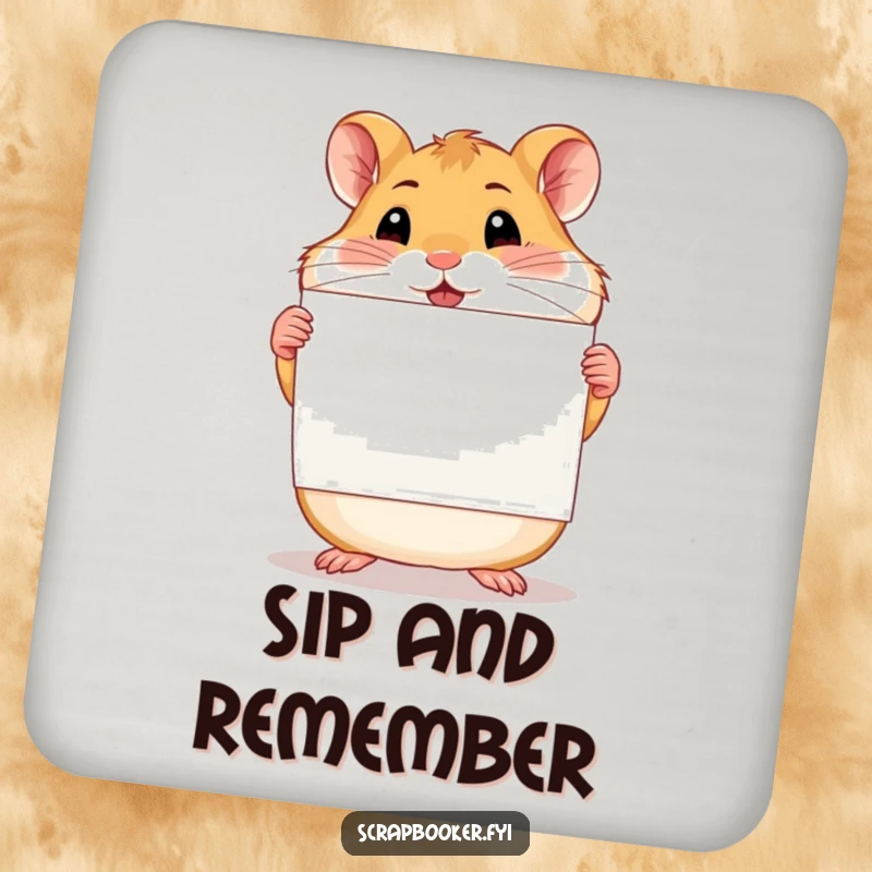 Funny proud hamster holding a finished scrapbook page on drink coasters, a humorous and practical set.