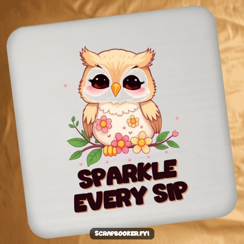 Funny giggling owl meticulously placing flower sequins on drink coasters, a humorous and practical set.