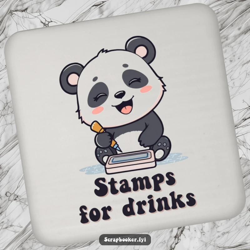 Funny drink coaster featuring a giggling panda stamping a pattern with an ink pad, protecting surfaces with joy.