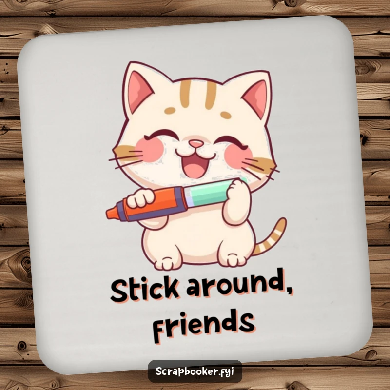 Funny Cat Coaster: A smiling cat using a glue stick, guarding your surfaces with humor, a charming and practical accessory.