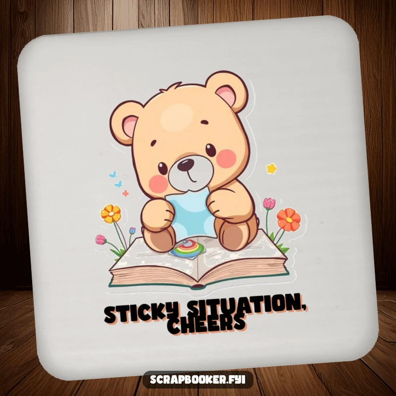 Funny bear drink coaster with a bear carefully placing a sticker, adding charm and surface protection. Great gift.