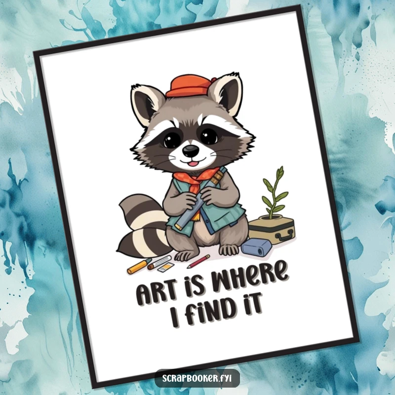 Funny raccoon poster, playfully crafting a layered collage from diverse materials, adding artistic and humorous flair.