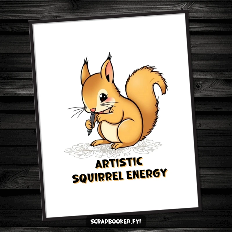 Funny poster of a determined squirrel artist drawing intricate patterns with a fine-tip pen, embodying intense focus and artistic dedication.