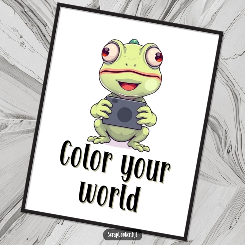 Funny chameleon photo poster showing a beaming chameleon placing a photograph, great for wall art and as a funny gift.