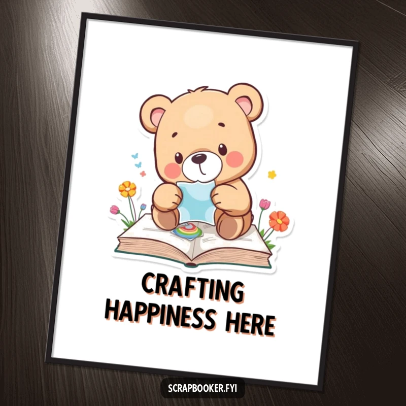 Funny bear poster featuring a bear meticulously placing a sticker on a colourful page, highlighting patience and art. Great gift.