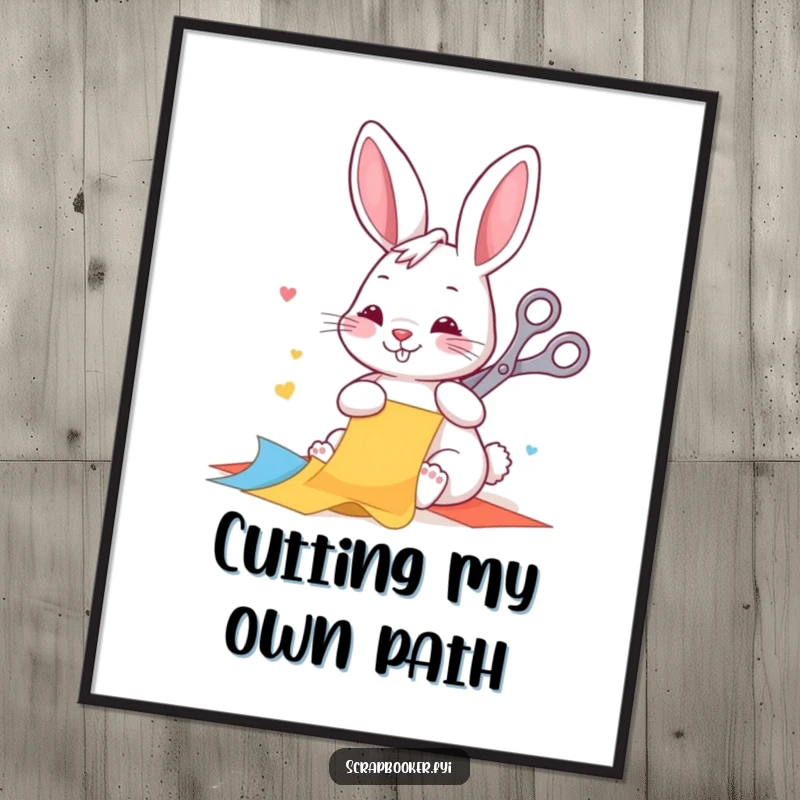 Funny poster of a happy rabbit diligently cutting colorful paper with scissors, creating a vibrant and charming art piece.