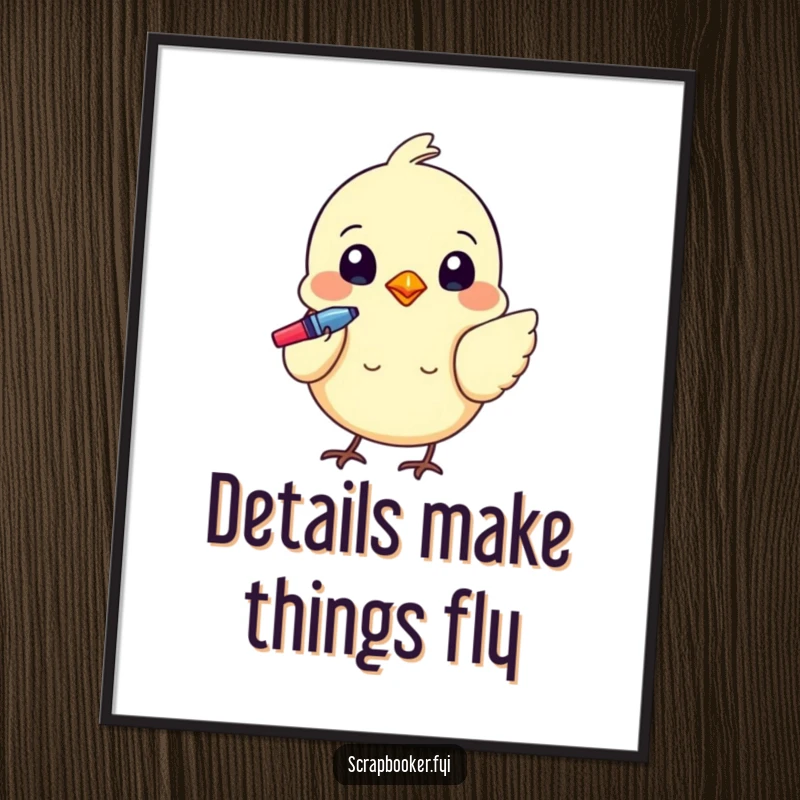 Funny poster featuring a tiny bird using a colorful pen to add details, a whimsical piece of art.