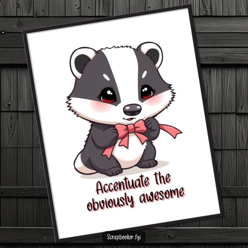 Funny poster featuring a determined badger meticulously placing a ribbon accent, a humorous piece of wall art.