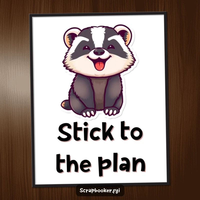 Funny poster art showing a badger with eyes full of focused joy, pressing down a sticker. A charming and humorous depiction.