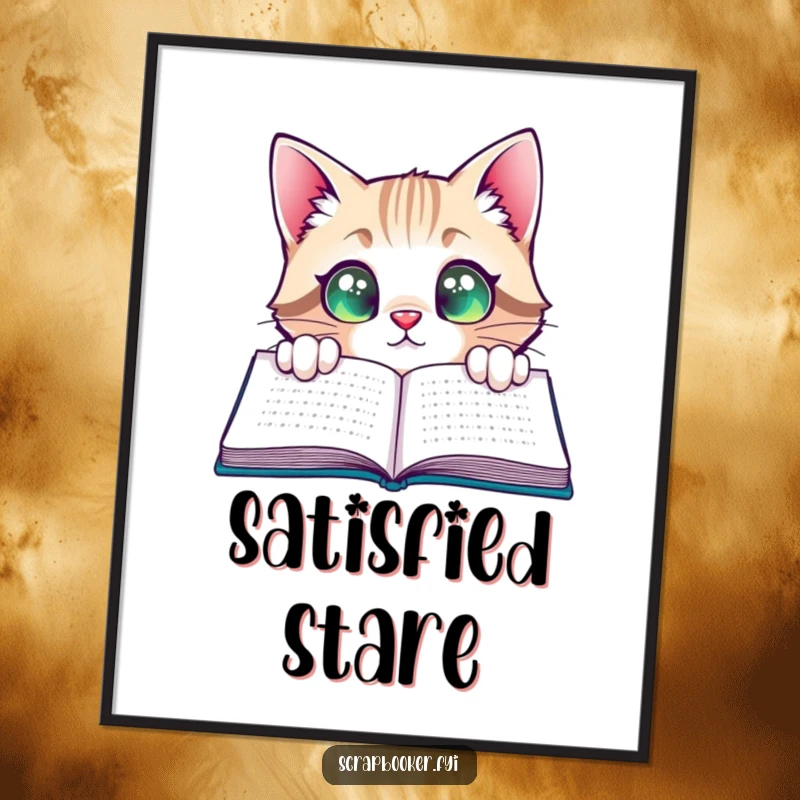 Funny Cat Poster: A curious cat peeking with wide, satisfied eyes at a completed page, perfect for adding literary humor.