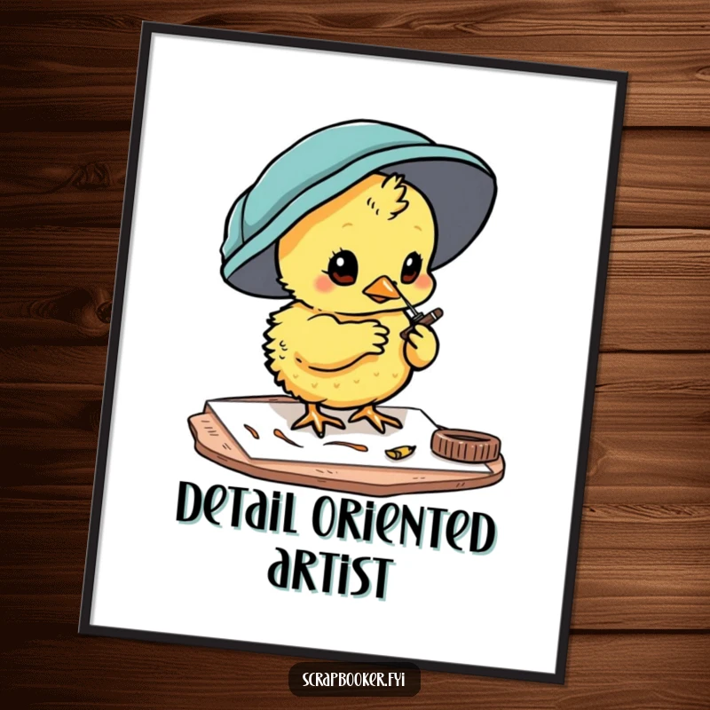 Funny chick poster depicting a curious character painting small details on a card, ideal for craft rooms.