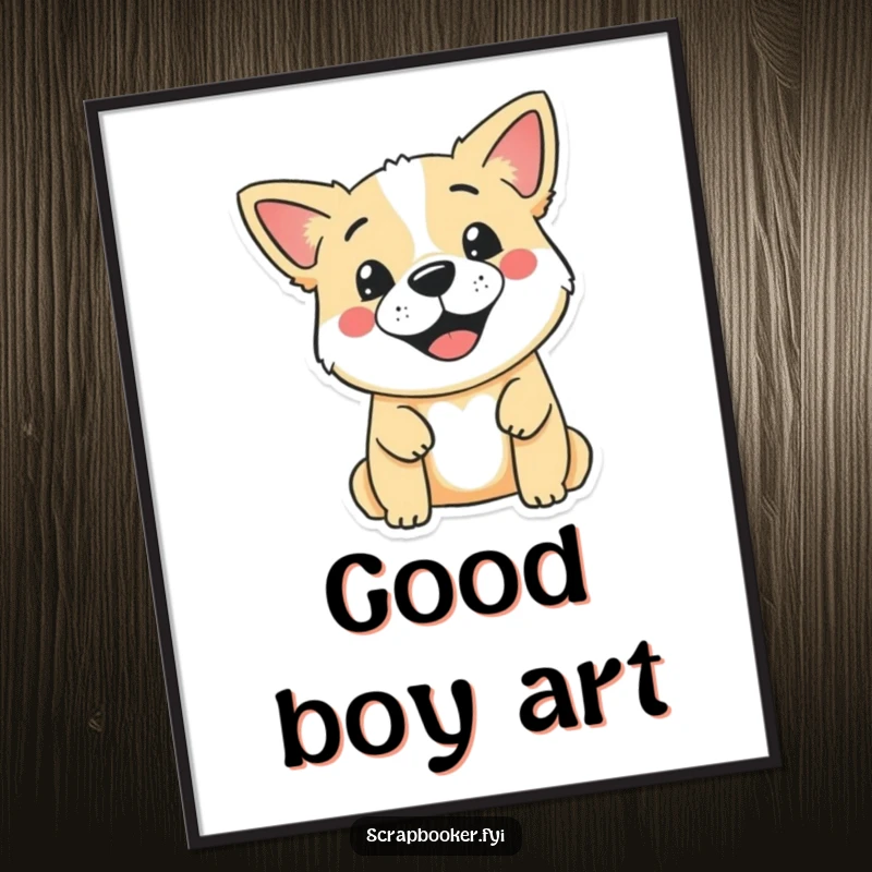 Funny poster featuring a smiling dog character stamping a cute design onto a blank page, adding playful doggy humor to wall decor.