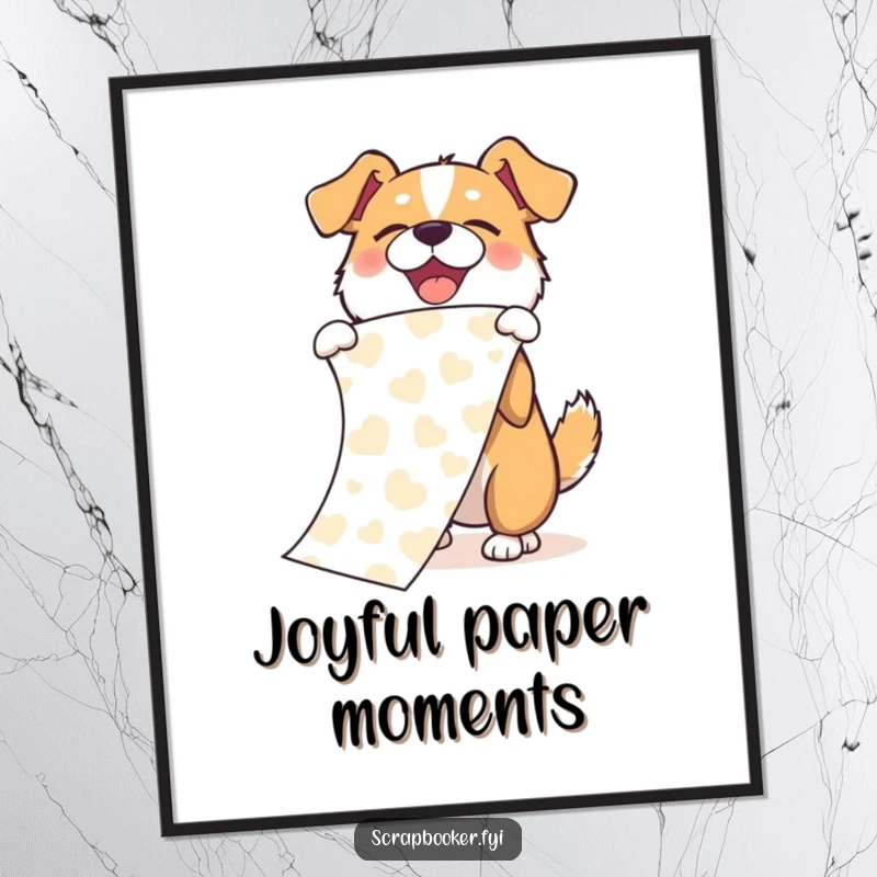 Funny poster of a joyful dog unfurling a long piece of patterned paper with an exuberant flourish, full of canine glee.
