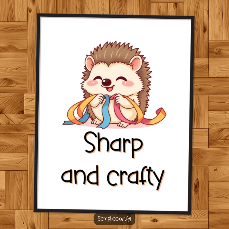 Funny hedgehog craft poster showing a giggling hedgehog threading ribbon, great for wall art and as a funny gift.