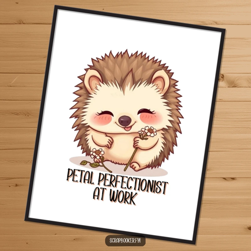 Funny hedgehog poster of a giggling creature delicately placing a tiny dried flower, adding whimsical charm to wall art.