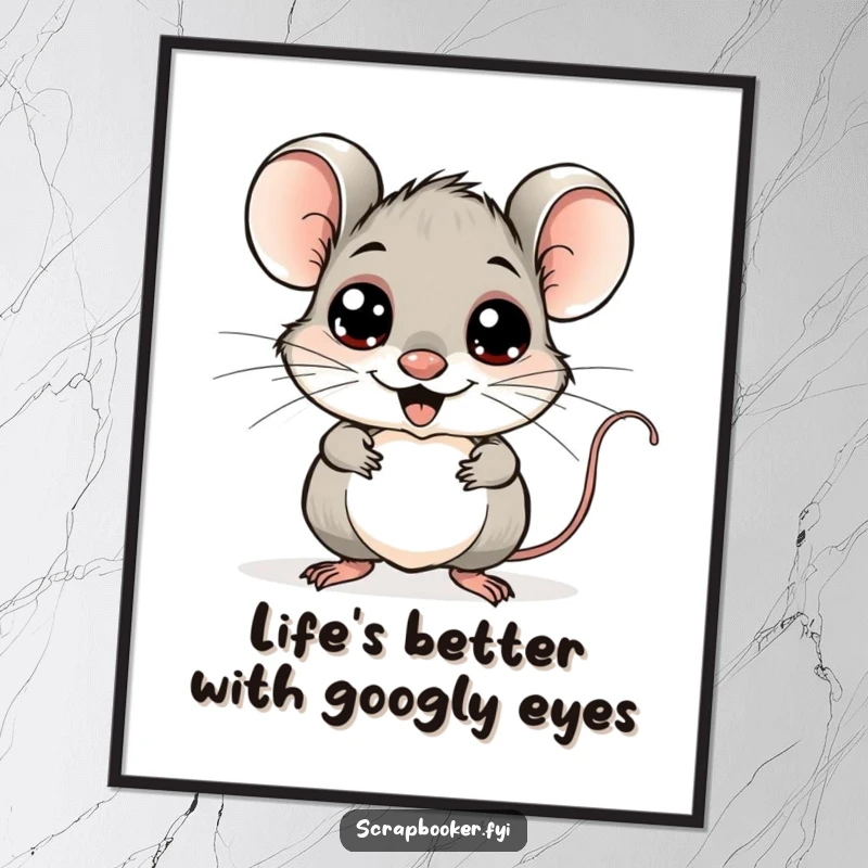 Funny mouse poster, cheerfully sticking googly eyes onto a whimsical drawing, adding playful artistic charm to walls.