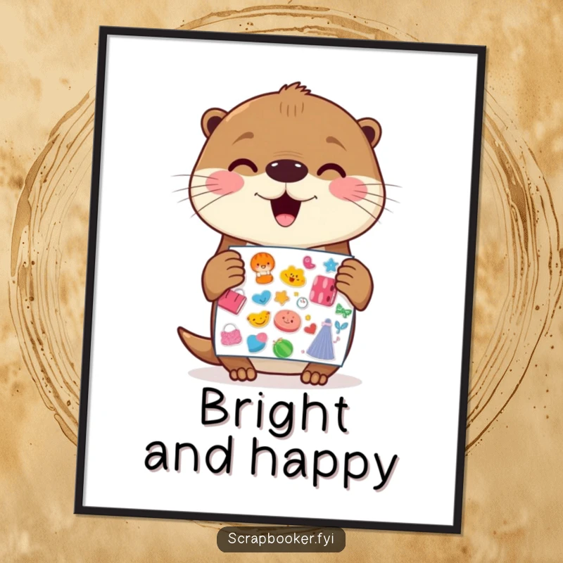 Funny Otter Poster: A cheerful otter holding a sticker sheet with gleeful anticipation, perfect for adding a touch of joy to any wall.