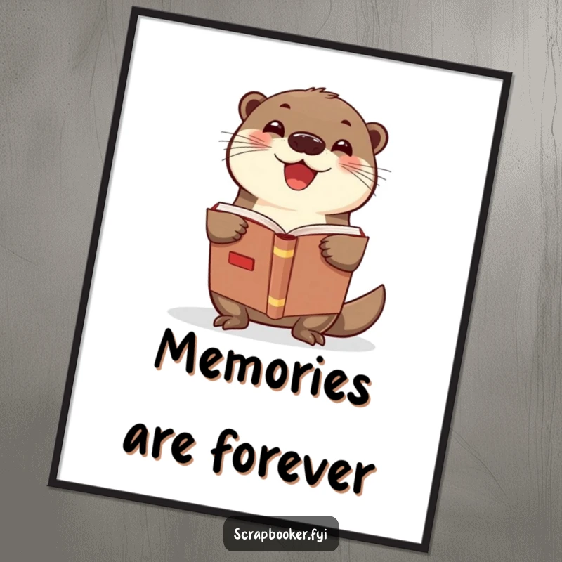 Funny otter scrapbook poster showing a delighted otter holding a scrapbook, great for wall decor and as a funny gift.