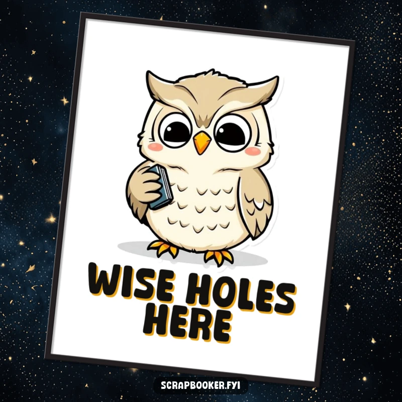 Funny poster of a wise owl happily and precisely using a hole punch, conveying a sense of cheerful order and task completion.