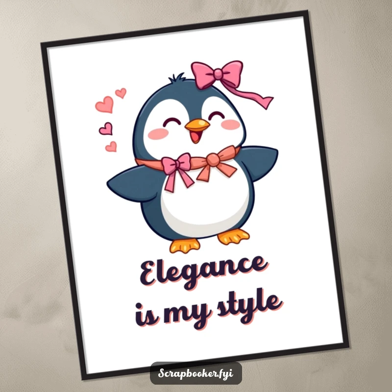 Funny penguin poster depicting a beaming character adding ribbons and bows, ideal for festive wall decor.