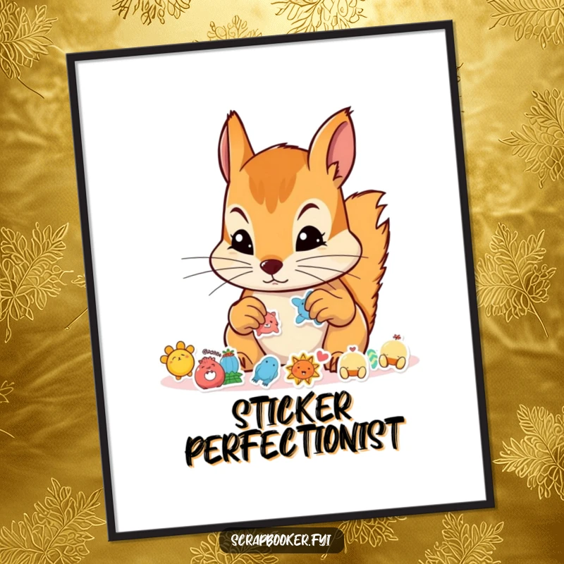 Funny poster showing a determined squirrel focused on arranging tiny stickers, ideal wall art for craft lovers.