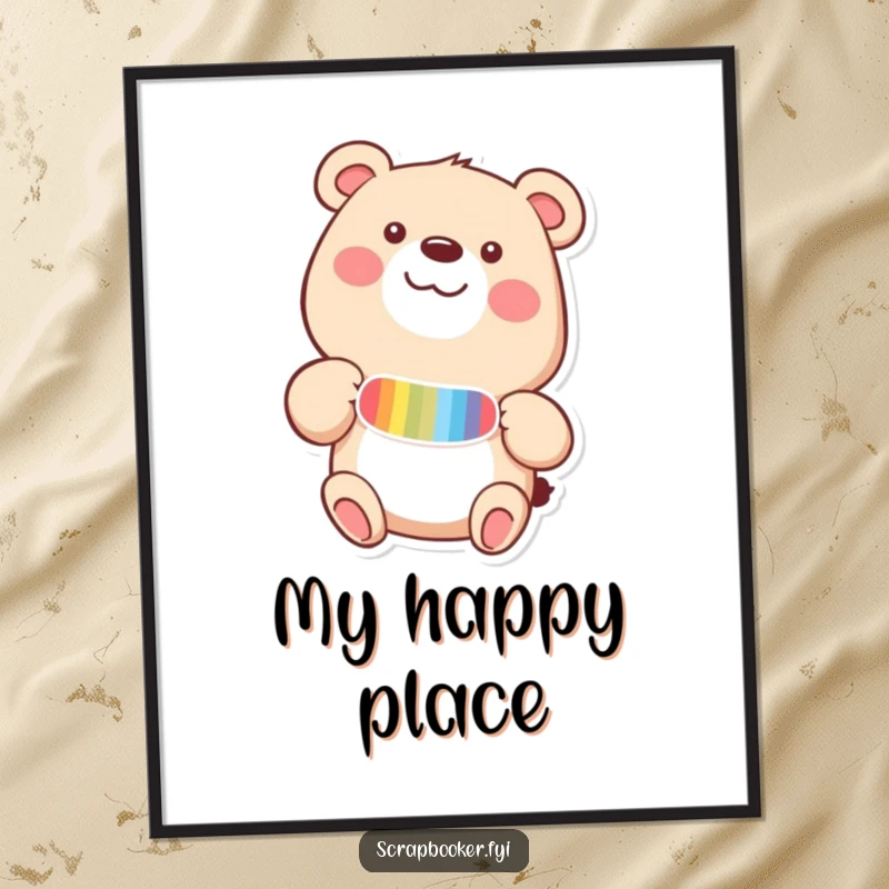Funny poster featuring a happy bear adding a colorful sticker to a page with delight, perfect for cheerful decor.