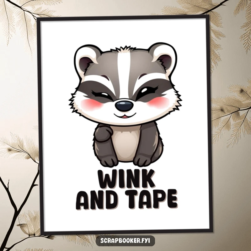 Funny Badger Poster featuring a winking badger adding a final flourish of decorative tape, adding artistic humor.