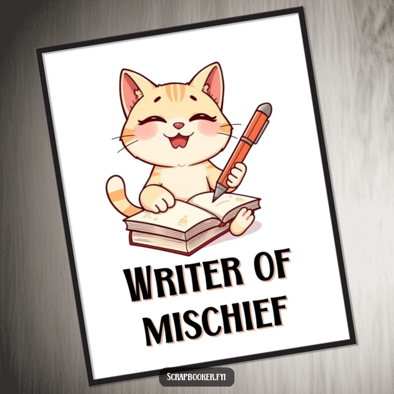 Funny cat poster depicting a giggling character holding a pen, ready to write in a journal, ideal for writers.