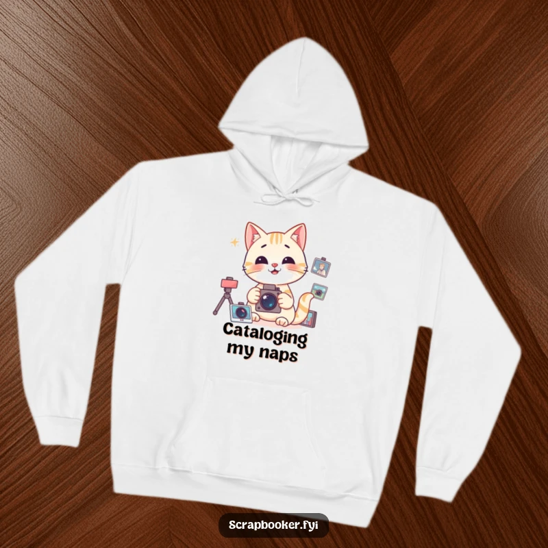 Funny Hoodie with a happy cat focused on organizing photos, perfect for cozy memory keeping.