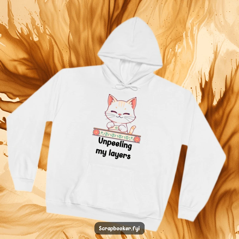 Funny cat tape hoodie shows a smirking cat peeling tape, perfect for cat lovers and as a funny gift.