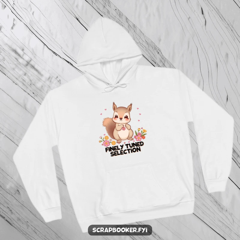 Funny hoodie with a curious squirrel carefully choosing decorative embellishments, perfect for cozy decorating sessions and stylish comfort.