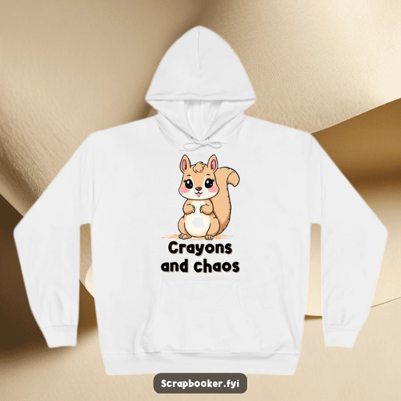 Funny Hoodie: A cute squirrel concentrating on drawing a border with a big crayon, a warm and humorous piece for chilly days.