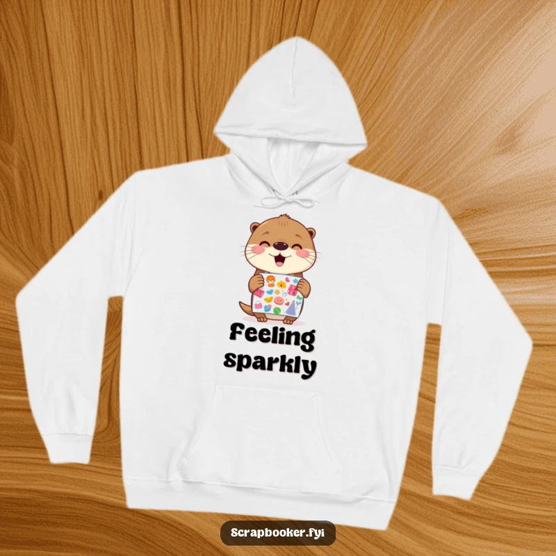 Funny Otter Hoodie: A cozy hoodie showcasing a cheerful otter holding a sticker sheet with extreme gleeful anticipation, perfect for otter fans.