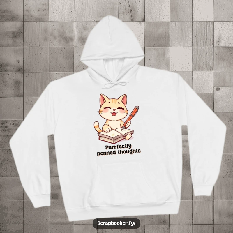 Funny cat hoodie featuring a giggling character with a pen, ready to journal, perfect for cozy writing comfort.