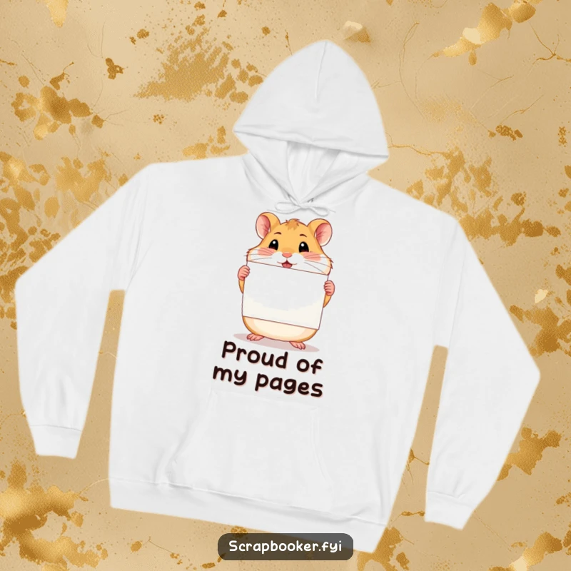 Funny proud hamster proudly presenting a finished scrapbook page, featured on a comfortable and humorous hoodie.