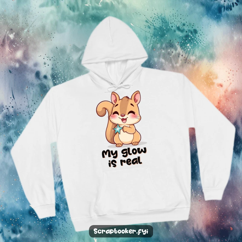 Funny Hoodie with a delighted squirrel smiling while applying a sparkly sticker, perfect for crafters.