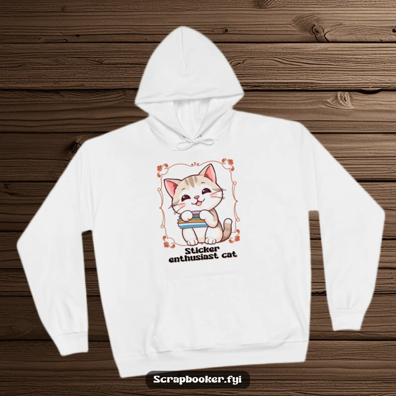 Funny hoodie with a cheerful cat surrounded by decorative borders and holding stickers, perfect for cozy days.