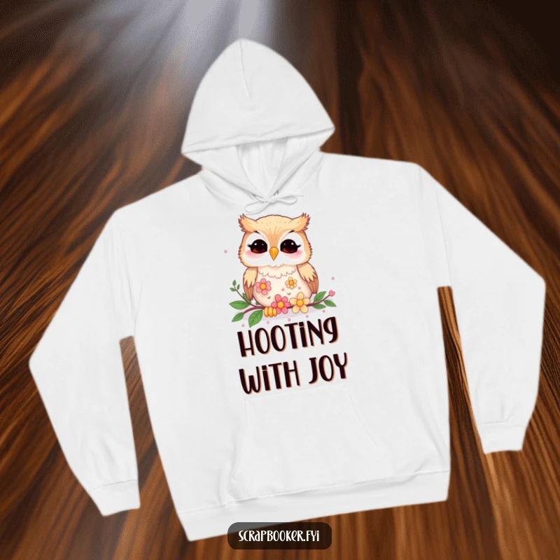Funny giggling owl deeply focused on arranging sparkling flower sequins, printed on a comfortable hoodie.