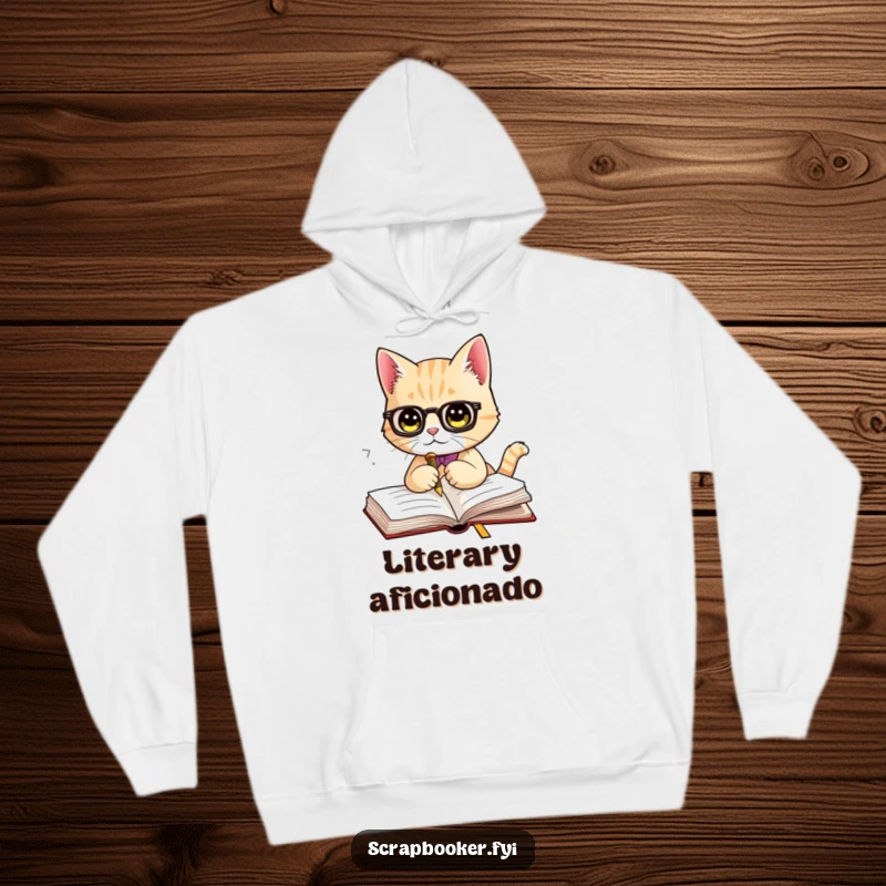 Funny hoodie showcasing an aristocratic cat with a fancy bookmark, poised to continue reading. A warm and witty garment for literary aficionados.