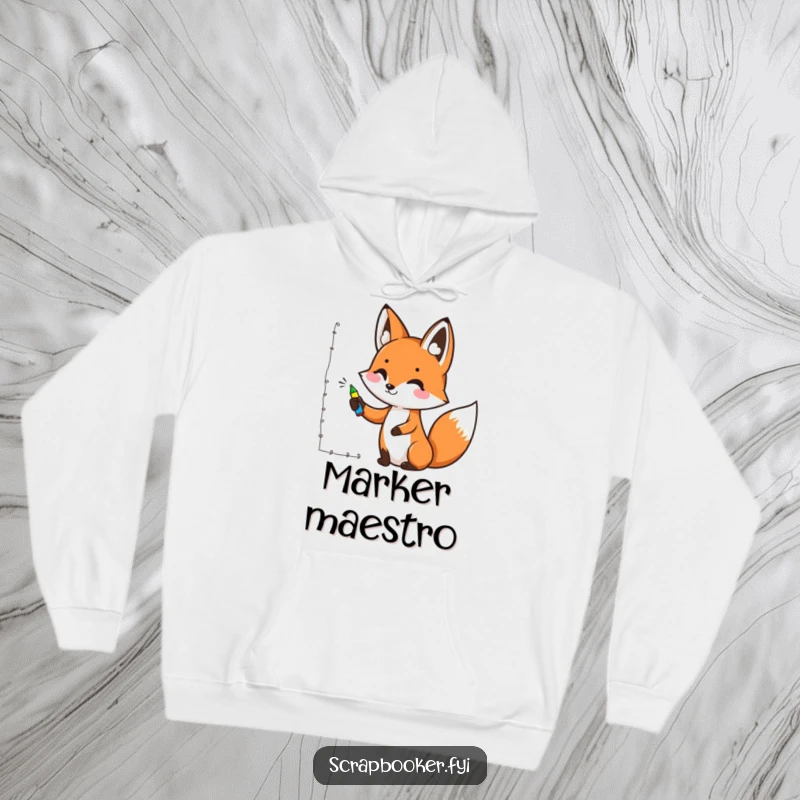 Funny hoodie featuring a cheerful fox artistically drawing a decorative border with a colorful marker, perfect for creative warmth.