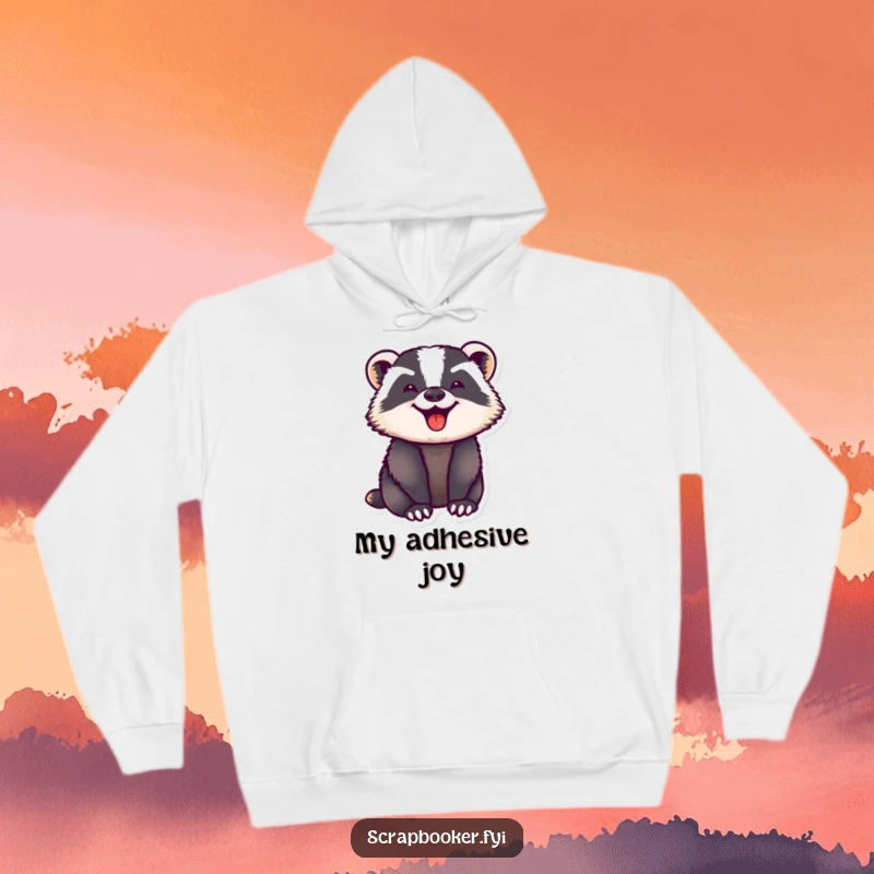 Funny hoodie showcasing a badger with a look of intense, happy concentration as it firmly presses down a sticker. Cozy and humorous.