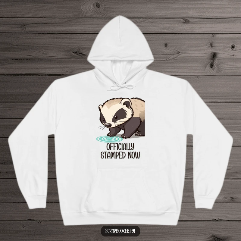 Funny determined badger pressing rubber stamp with clear impression, on a hoodie, radiating cozy authority.