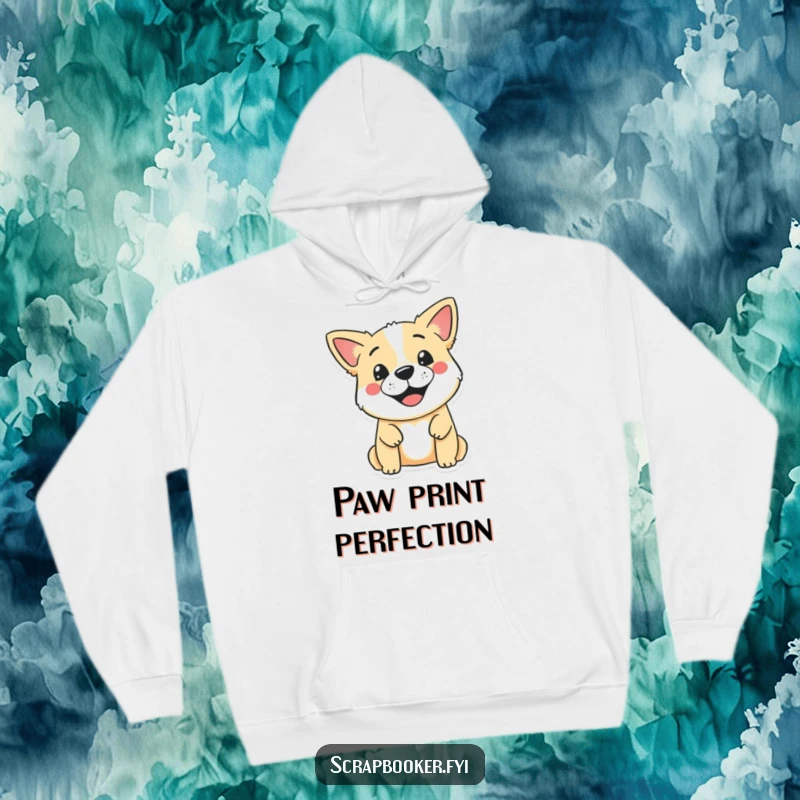 Funny hoodie depicting a smiling dog proudly stamping a cute design onto a blank page, offering warmth and furry art.