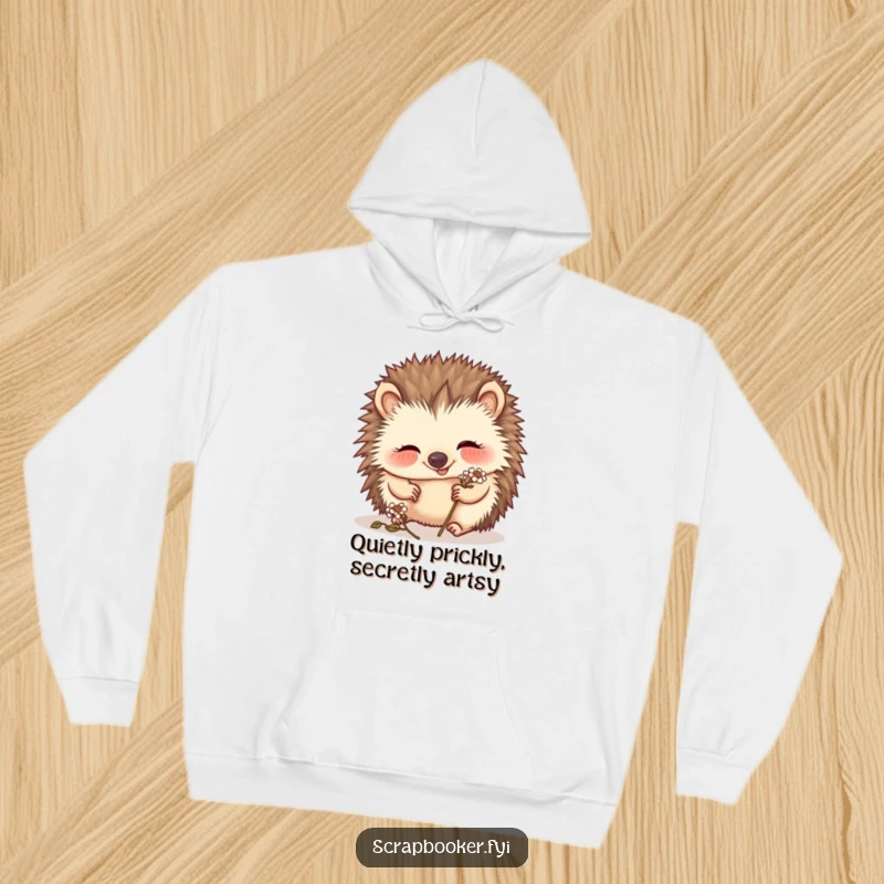Funny hedgehog hoodie showing a giggling creature meticulously crafting with a tiny dried flower, emphasizing cozy artistry.