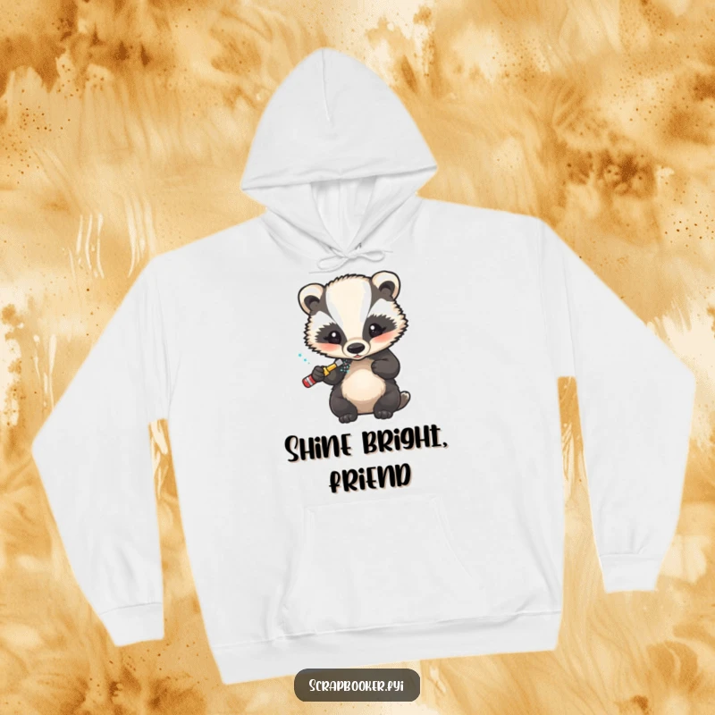 Funny hoodie showcasing a little badger carefully applying glitter to a finished design, ideal for crafters.