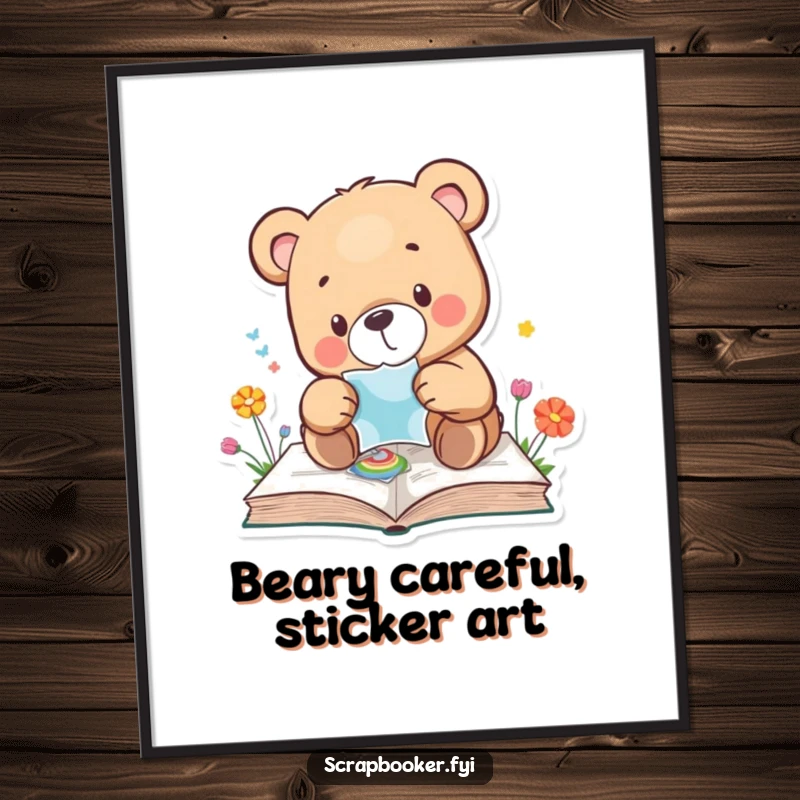 Funny free printable wall art depicting a bear carefully placing a sticker onto a colorful page, a charming downloadable art piece.