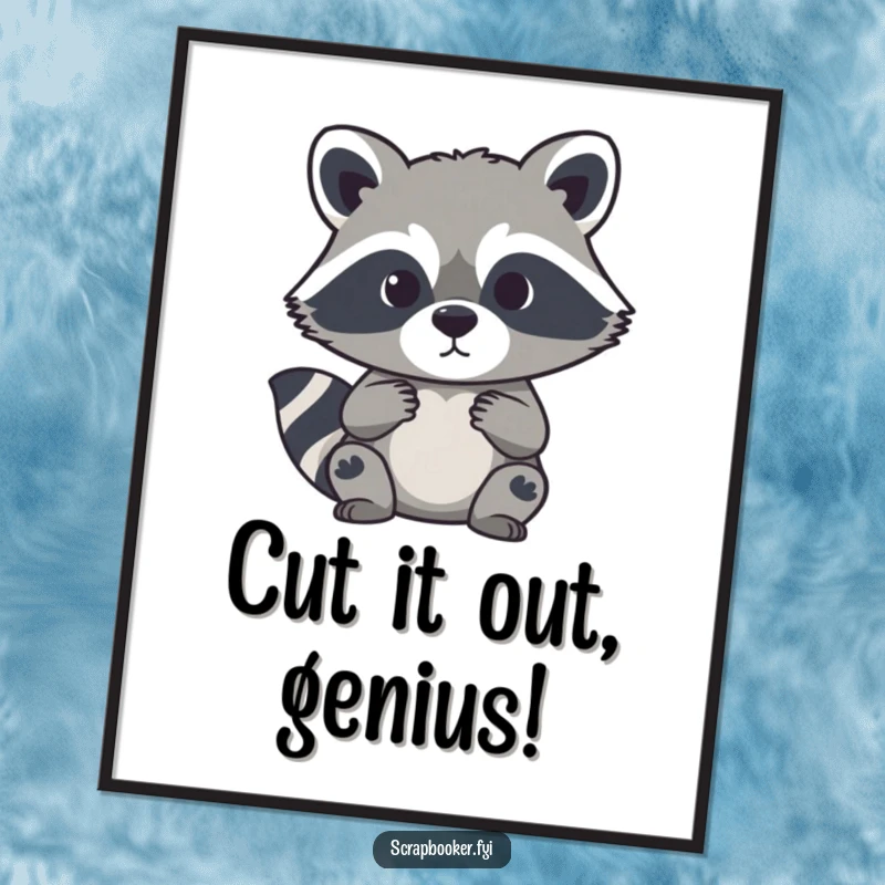 Funny Free Printable Wall Art: A curious raccoon demonstrating precision while cutting a paper silhouette, a DIY art piece.