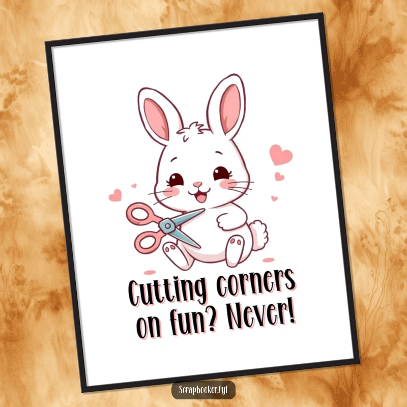 Funny Free Printable Wall Art: A smiling bunny with scissors, crafting decorative paper, adding whimsical DIY charm.