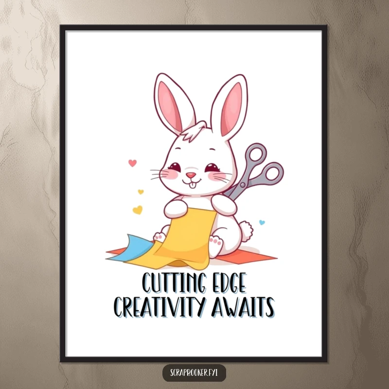 Funny Free Printable Wall Art depicting a happy rabbit meticulously cutting colorful paper, embodying creative DIY spirit.
