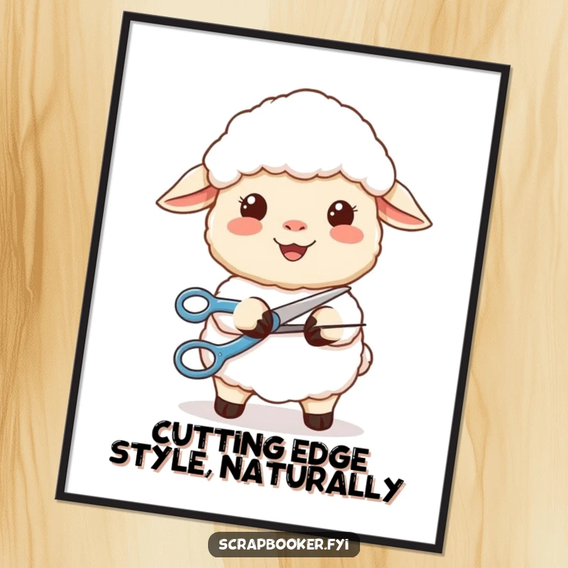 Funny Free Printable Wall Art: A content sheep happily smiles while using scissors to precisely cut a perfect, gentle curve.